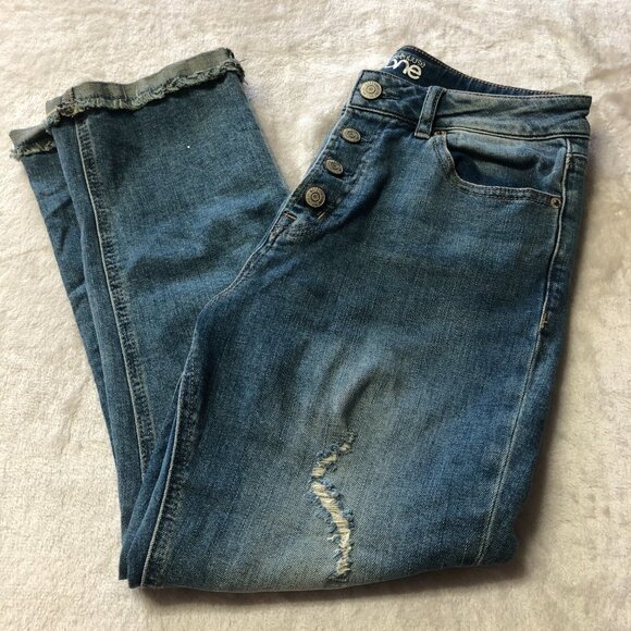 WAREHOUSE One High Waisted Button Fly Distressed Raw Hem Ankle Jeans Size 6 - Picture 1 of 11